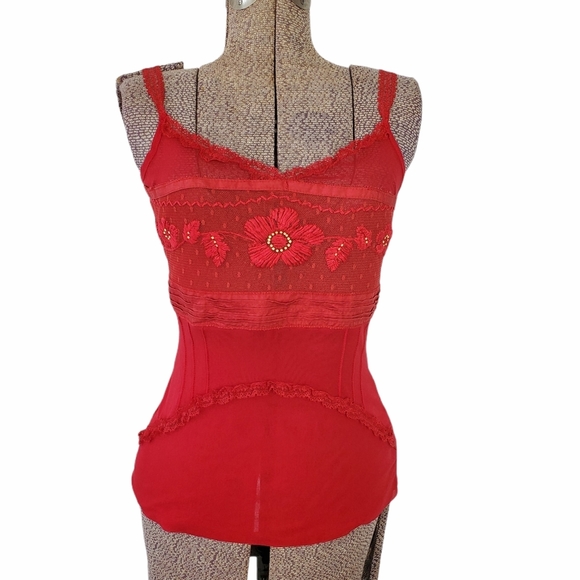 Tops - Sheer red tank top with floral embroidery